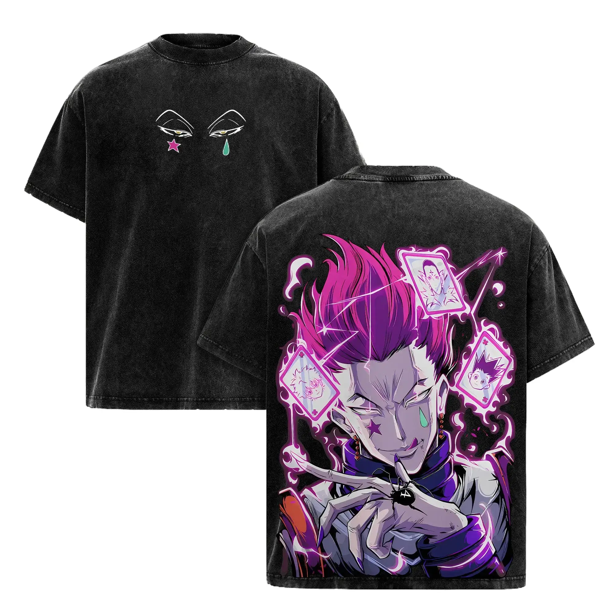 Hisoka Hunter x Hunter Anime Shirt, Vintage Black Washed Cotton Oversized Graphic Tee For Men & Women. Joker Villain Retro Streetwear Y2K Japanese Manga Phantom Troupe Cosplay Apparel Gamer Gift Everyday Heavyweight Tops Epic Dark Magic Vibes!!