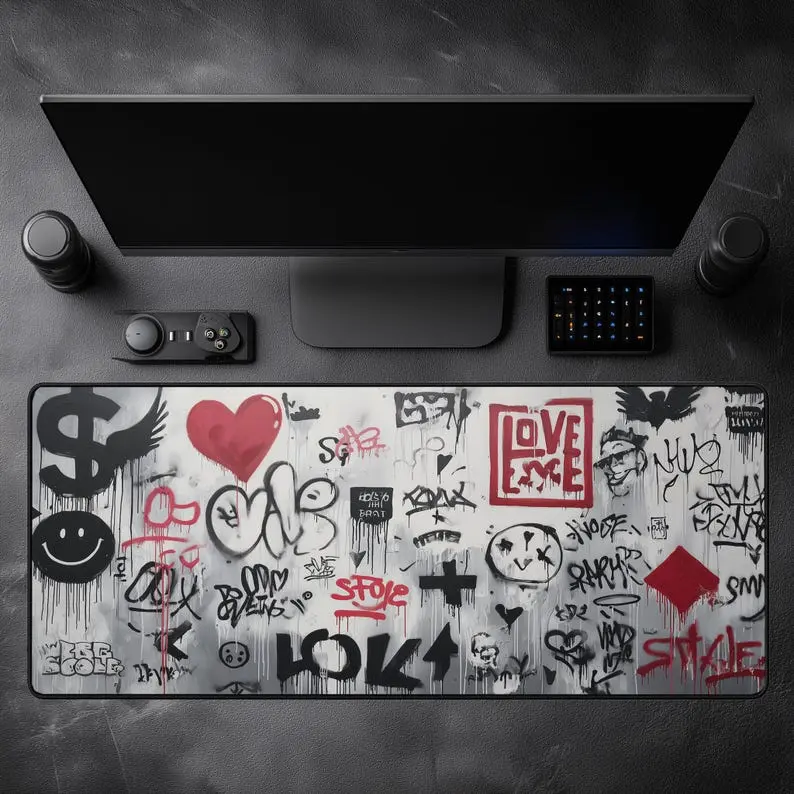 Graffiti Gaming Desk Mat Large Extended Mouse Pad with Street Art Print, Urban Style Desk Decor for Gamers, Creatives, Home Office
