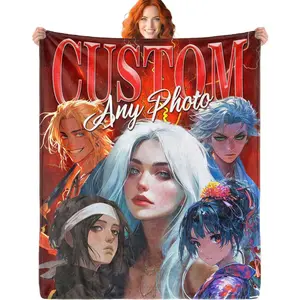 Custom Blanket with 1 Photo Any Texts - Anime, Polyester Microfiber, Throw Blanket, Bed Blanket, Unisex, 1 Photo With Text, 30x40, 40x50, 43x56, 50x60, 60x80 inches