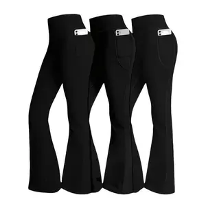 Set of 3 flared pants in a workwear style for women — casual high-waisted pocket sportswear, work-style pants, quick-dry sports pants with tummy control and hip lift; basic fitted minimalist womenswear bottoms