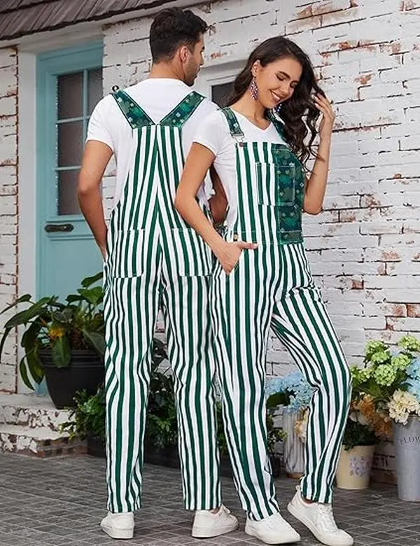 Yuanbang St. Patrick's Day Adjustable Denim Overalls, Menswear with Zip,  Women's Casual Rompers, Womenswear Bibs Jumpsuits with Pockets, Green White Stripes Coveralls