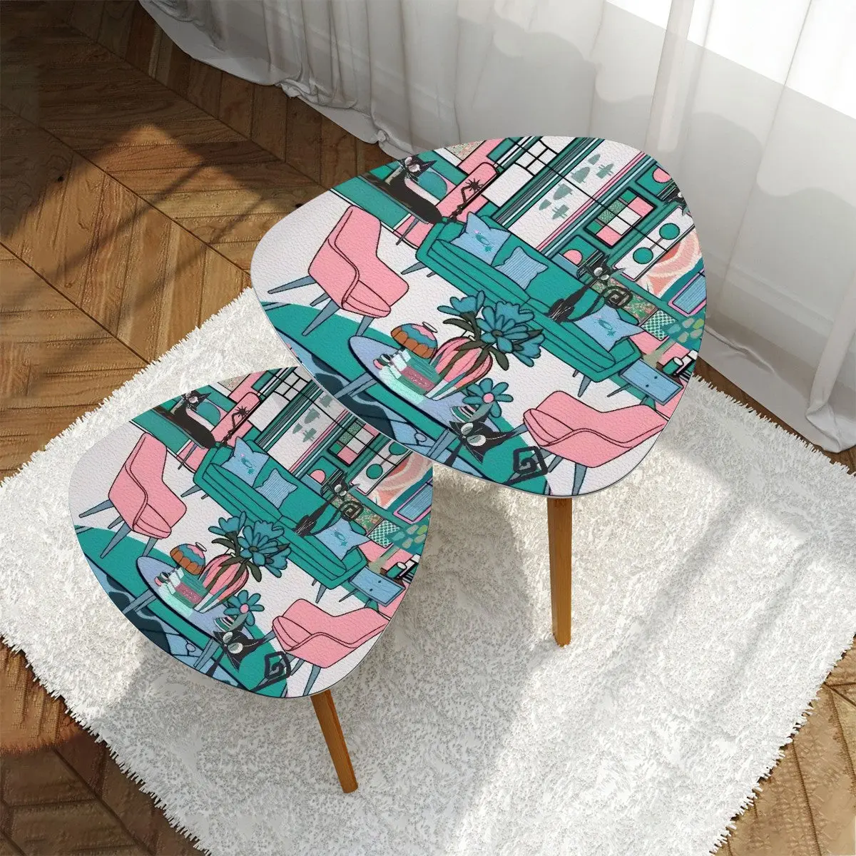 Mid Century Modern Livingroom Nesting Tables, Atomic Cat Kitschy Mod Retro End Tables