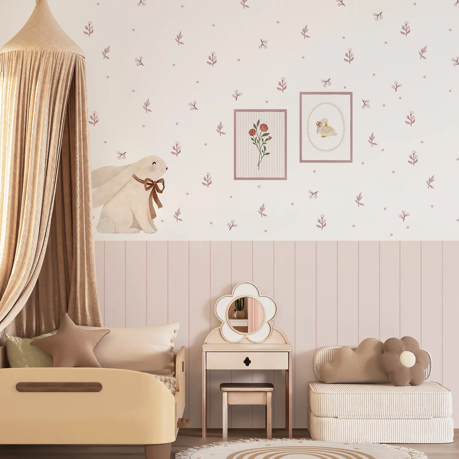 Pink Floral Wall Decals Peel and Stick Wallpaper Set, Nursery Wall Stickers with Wainscoting Border, Removable Self Adhesive Flower Leaf Wall Decor for Bedroom Playroom Living Room