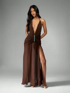 MISSGUIDED Ruched Chiffon Stone Detail Maxi Dress