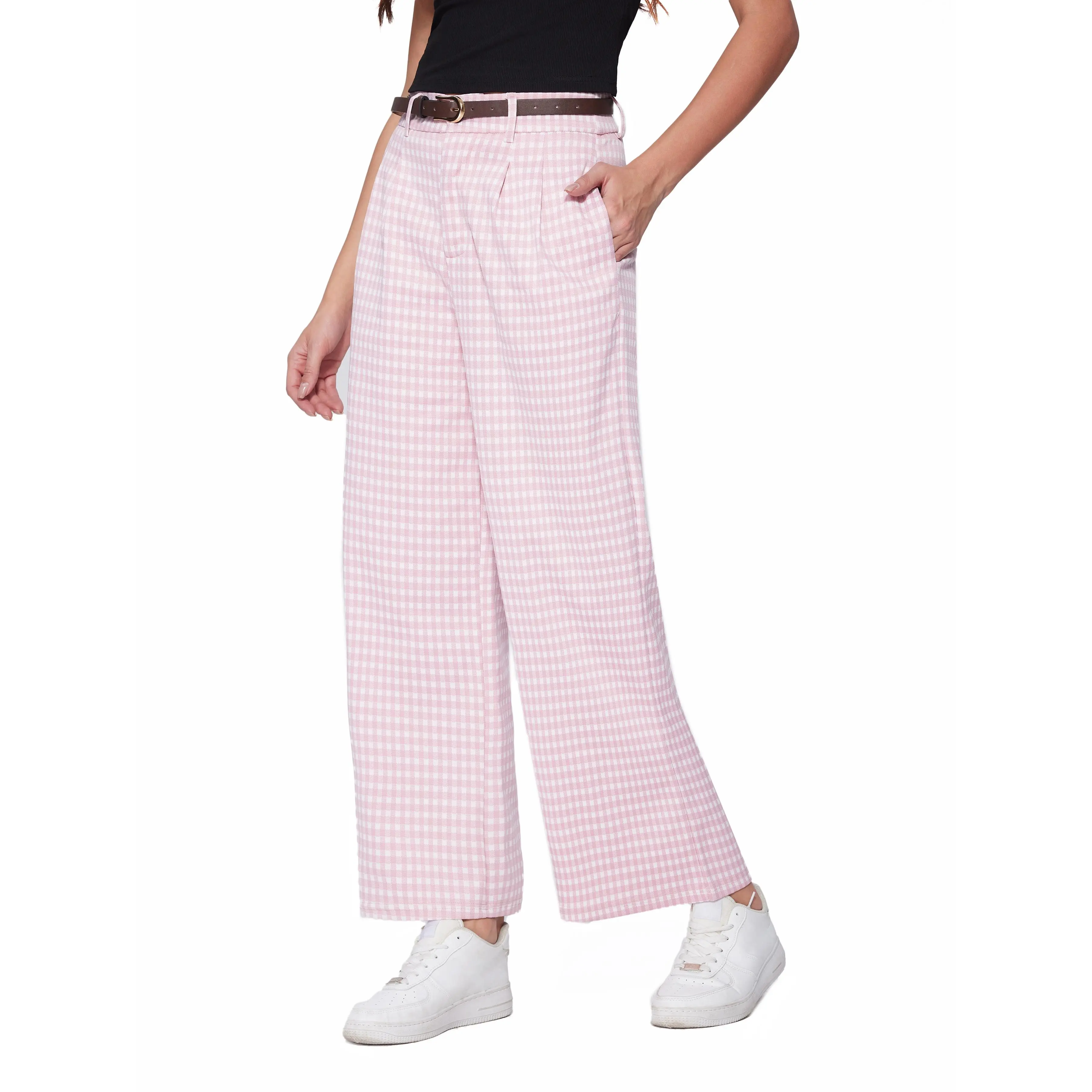 Vinova Womens Wide Straight Leg Pants Summer Plaid Pleated High Waisted Casual Work Pants
