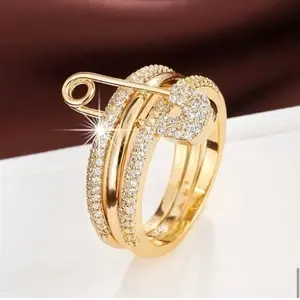 Multi-Layer Cubic Zirconia Gold Tone Safety Pin Ring