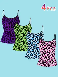 4-Piece Y2K Neon Leopard Print Strapless Top, Casual Slim-Fit Summer Outerwear, European & American Style, Multicolor Fashion