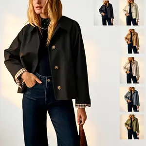 Womens Cropped Trench Coat Classic Collar Oversized Casual Jackets with Checkered Lining