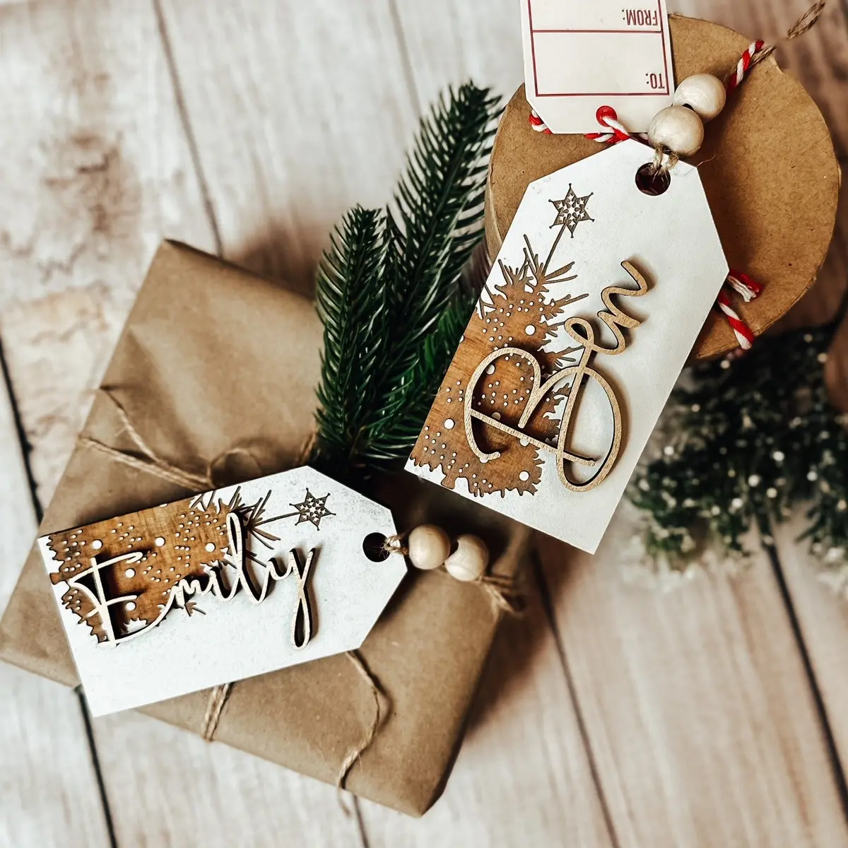 Gold and White Personalized Stocking Tags, Gift Tags for Kids, Gold Stocking Tag Trees, Christmas Gift Tag, Vintage Tree Art, Wood Name Tags for Stockings