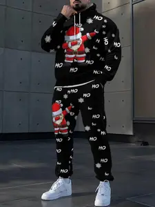 Men's Fall Winter Hip-Hop Santa Claus Hoodie Set, Comfortable Casual Cartoon Sweatshirt, Trendy Fashion Clothing