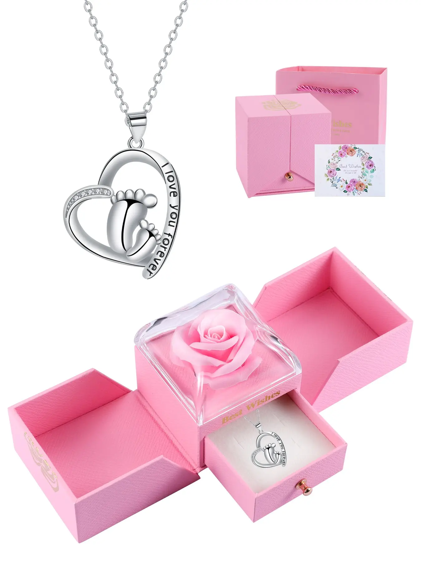 Mommy and Baby Feet Necklace With Rose Jewelry Gift Box, Mother Heart Pendant Baby Footprint Necklace, Mom-to-Be Mother's Day Birthday Jewelry Gift for Mom New Mom