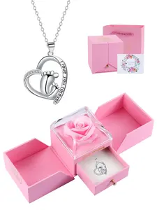 Mommy and Baby Feet Necklace With Rose Jewelry Gift Box, Mother Heart Pendant Baby Footprint Necklace, Mom-to-Be Mother's Day Birthday Jewelry Gift for Mom New Mom