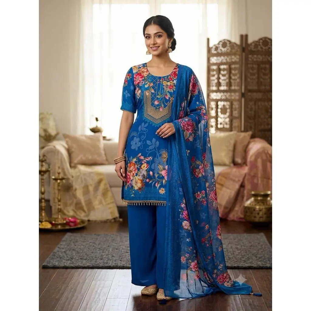 Women's Floral Print Kurta Set with Dupatta Elegant Three-Piece Outfit Ethnic Wear Trousers and Casual Kurti Set Traditional Festive Wear Blue M-38" L-40" XL-42" XXL-44"