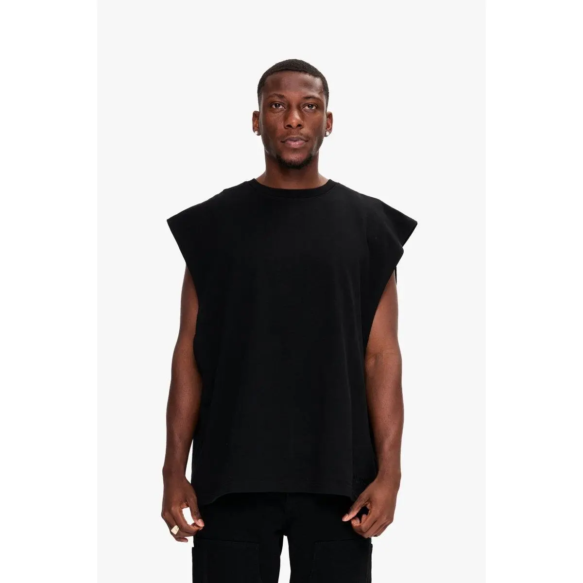 Women's Black Premium Cotton Jersey Sleeveless Tshirt - Classic Streetwear, Minimalist Regular-Fit Crew Round Neck Wardrobe Basic, Casual, Breathable, Soft, Plain, Denim-Friendly Top (Men’s Compatible Option)