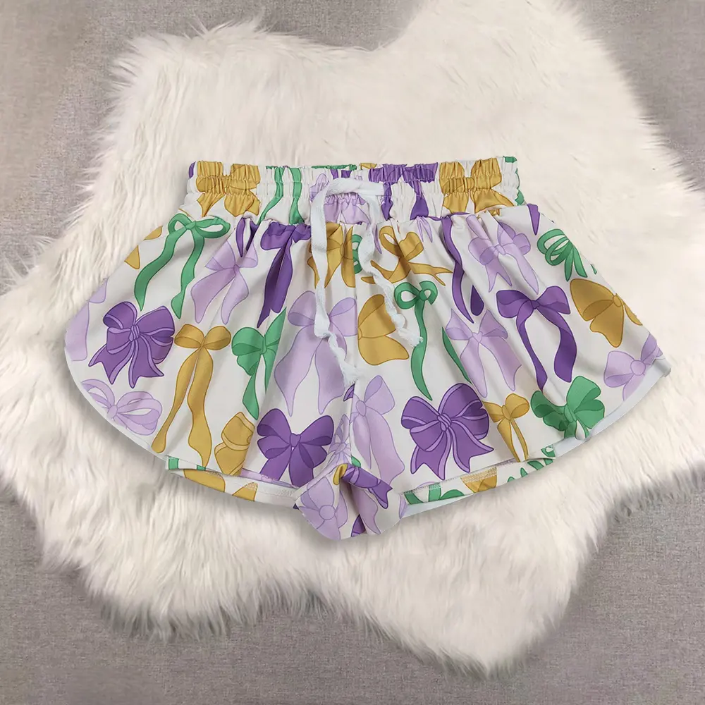 New Clothes Kids Girls Mardi Gras Shorts Purple Green Yellow Bow Elastic Waist Casual Fun Colorful Summer Shorts for Children