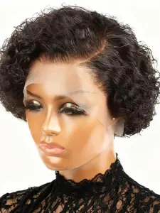 13x4 Lace Wig Deep Wave Pixie Cut, Curly Premium Human Hair Wigs for Women, Curly Bob Wigs, Transparent Deep Wave Lace Wig, Preplucked Hairline
