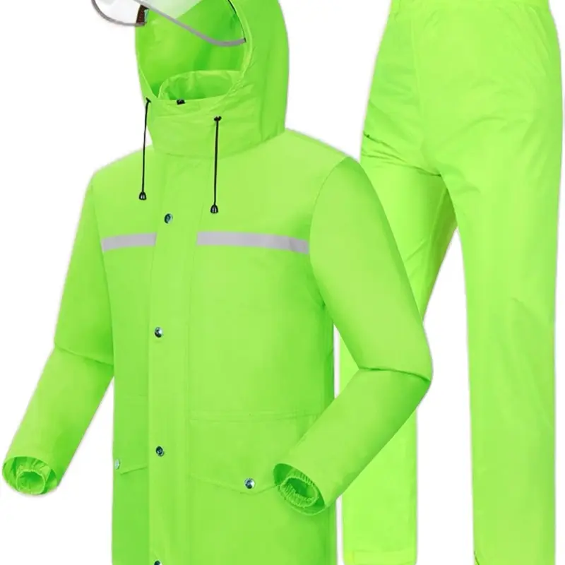 Yellow 2-Piece Rain Coat-Pants Set with Neon Green Reflective Safety Gear for Rainy Days, Keep Dry and Visible