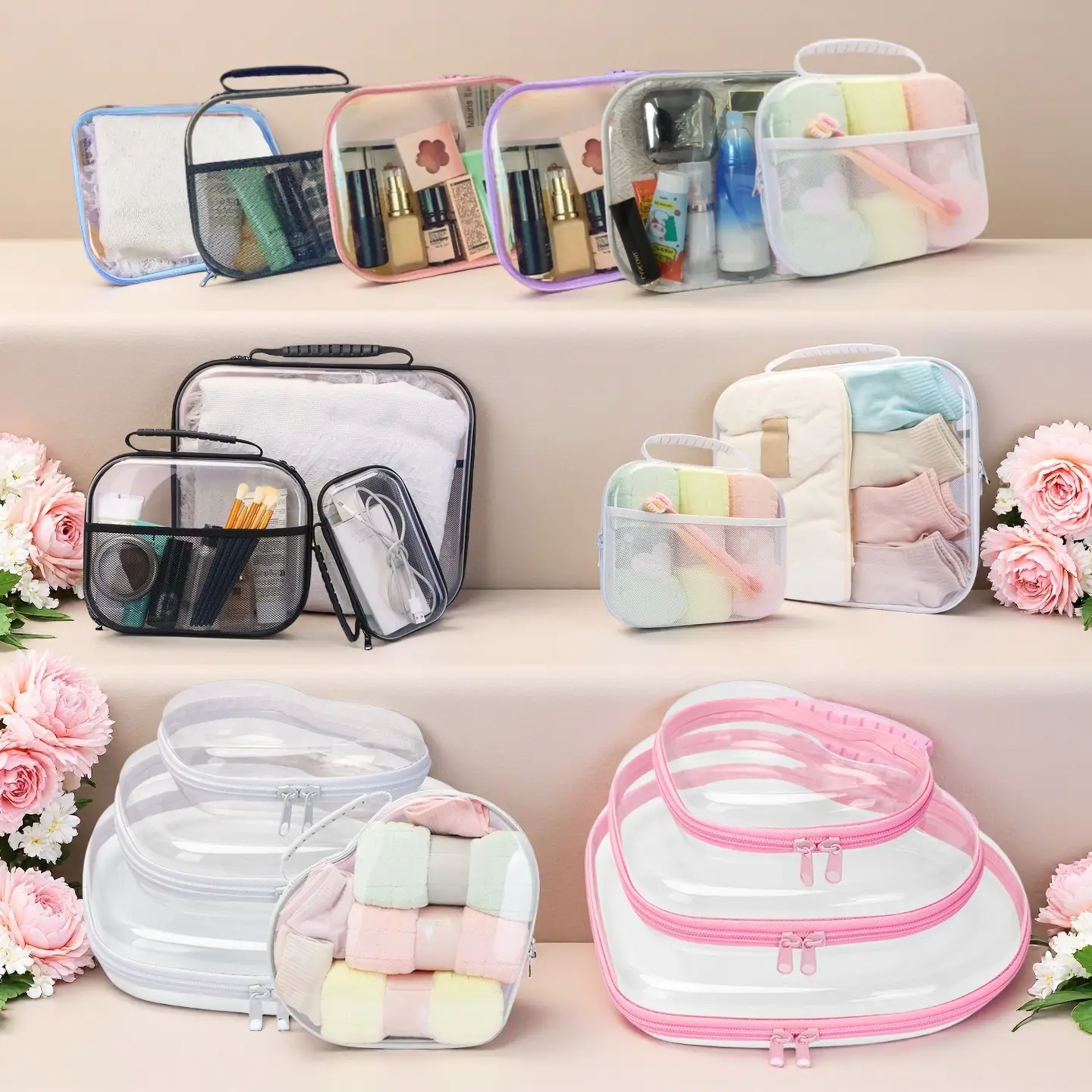 Clear Storage Box Set, 6 Counts/set Large Capacity Zipper Storage Box, Portable Storage Organizer for Skincare, Clothes, Books, Laundry, Travel Toilet