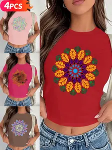 Women's 4-Pack Crop Top T-Shirts, Rainbow Mandala, Golden Mandala, Purple-Green Mandala Print, Multiple Colors Available, Machine Washable, Spring & Summer Top, Soft Skin-Friendly Fabric, Daily Versatile, Fashion Design