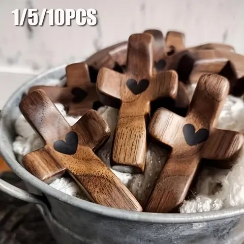 Heart-Shaped Wooden Cross Spiritual Pendant, Inspirational Gift, Small Portable Design, Ideal for Prayer & Religious Gifts, Unique Customizable Charm, Handheld Wooden Cross