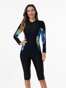 Women's Long Sleeve One-Piece Swimsuit, Tropical Print Swimsuit, Quick-Dry Swimwear for Swimming Racing Surfing Snorkeling, Slimming Design