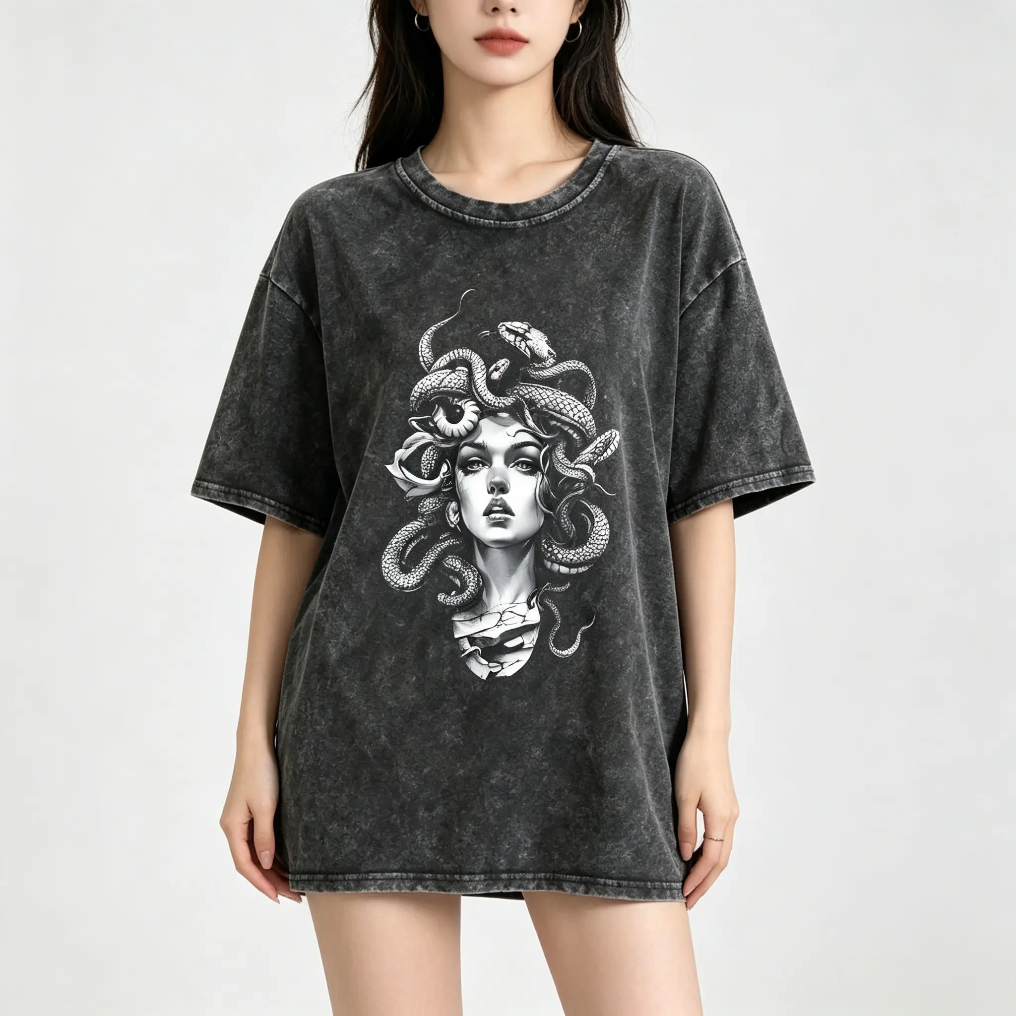 Women's Medusa Graphic Black-Washed Tee, Oversized Vintage Top in Breathable 100% Cotton Fabric with a Relaxed Fit for Everyday Wear