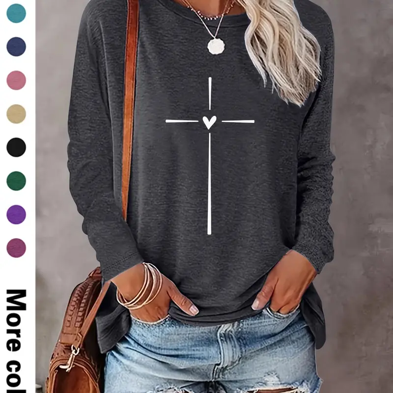 Women's Cross & Heart Print Round Neck Tee, Casual Long Sleeve Crew Neck T-shirt for Daily Wear, Ladies Clothes for All Seasons, Top