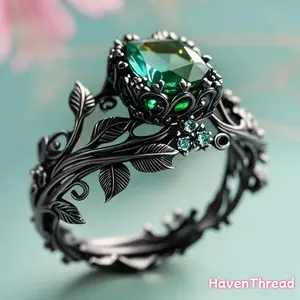 HavenThread Women's Elegant Black Retro Ring, Vine Motif Design Inlaid with Green Zircon, Ideal for Daily Wear & Gifting – Sports, Outdoor Fan Shop, Gaming Accessory, Rings