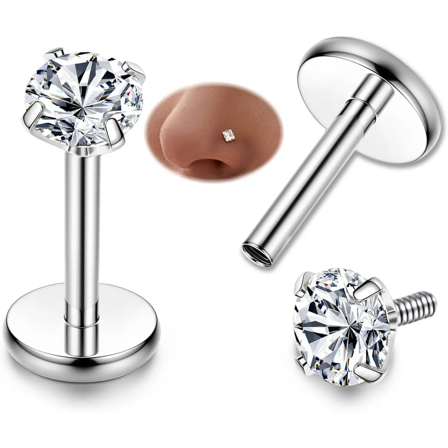 YADOCA 316L 2-6pcs Stainless Steel 16G 3mm CZ Inlaid Lip Rings Labret Monroe Nose Studs Helix Earring Piercing, 6mm 8mm 10mm Bar Length Available