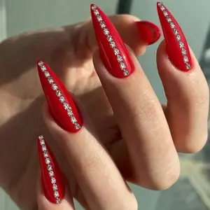 Red Stiletto Nails With Diamond Rhinestone Press On Nails Set Long Durable Nail Kit With Glue Glitter