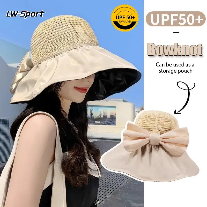 Women's UPF 50+ Wide Brim Sun Hat with Bowknot | SunSafeTok BeachTok That Girl Aesthetic Packable Foldable Storage Pouch Bucket Hat | for Beach Fishing Hiking Garden Pool Summer Outdoor Wear