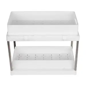 Double Layer Pull-Out Sink Shelf with Hooks, Kitchen Bathroom Storage Basket, Multi-Functional Organizer Rack, Space-Saving Design