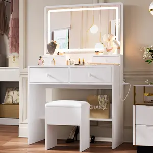 DAYAGO Modern Makeup Vanity Desk Set with 3-Color Lighted Mirror 4 Drawers Power Strip & Storage Stool for Bedroom Assembly Required