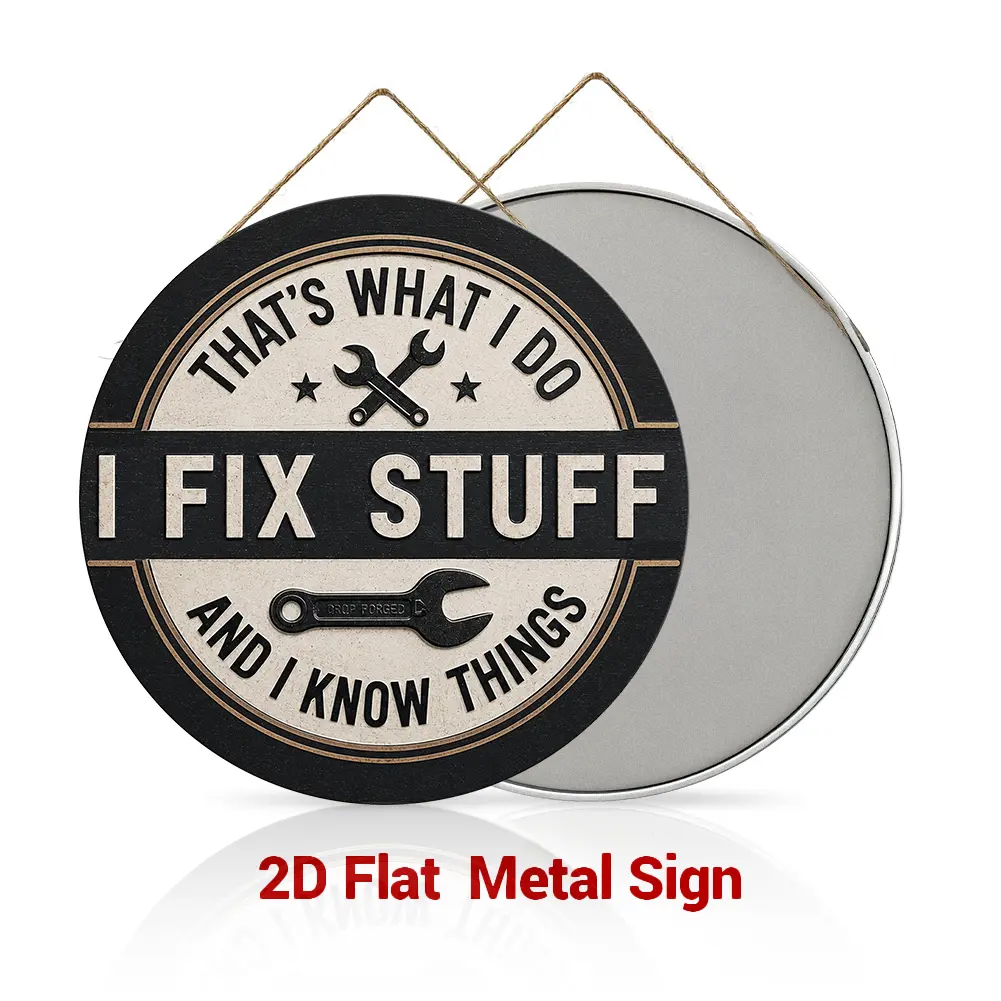Palette&Wall "I Fix Stuff And I Know Things" Industrial Lightweight Round Metal Sign - 8×8 in/12×12 in Hanging Farmhouse Garage Wall Decor Plaque - Funny Workshop Artwork Gift for Dads, Handymen, Father's Day