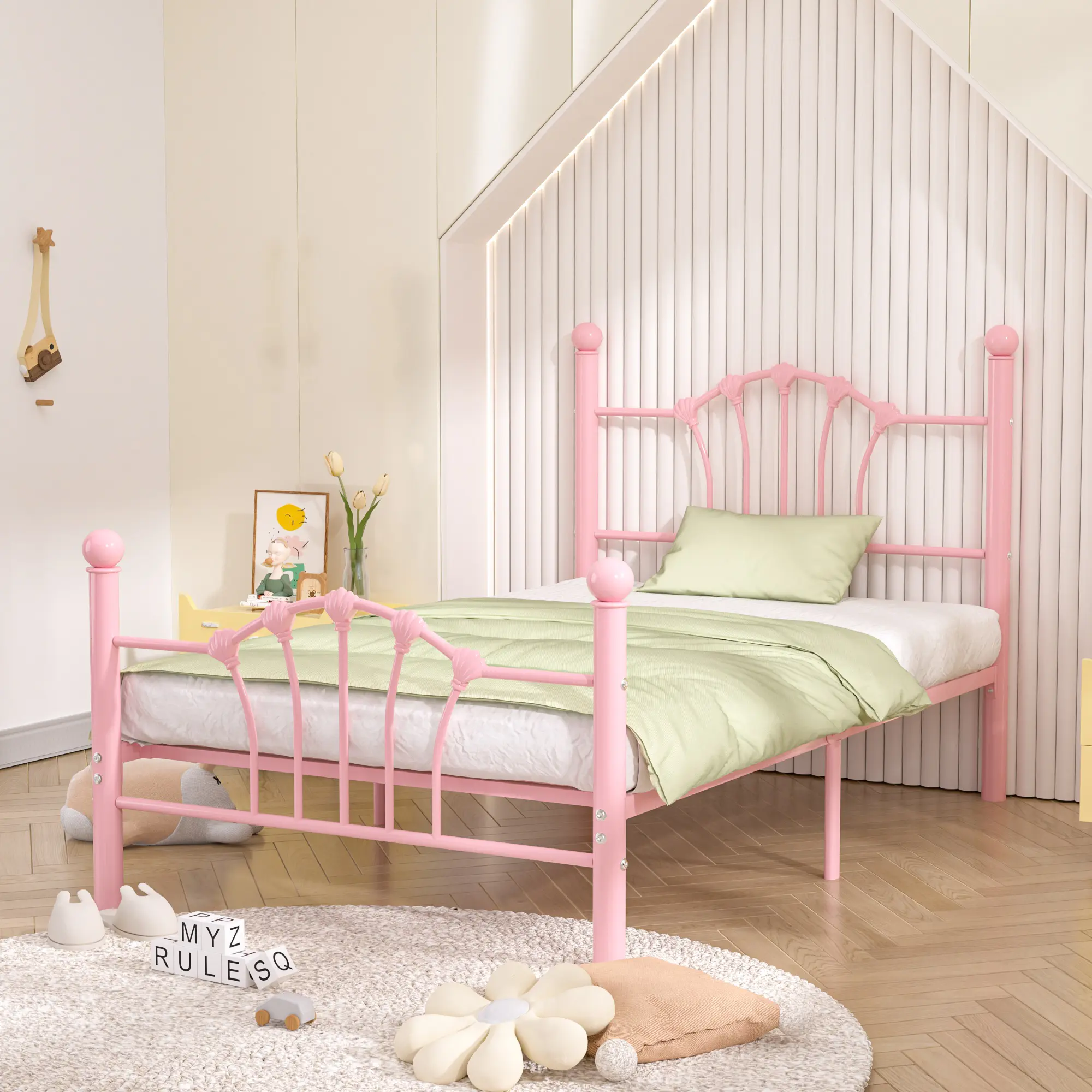 VECELO Twin Size Bed Frame Upholstered Single Platform Bed with Crown Headboard Modern Cute Kids Bed Steel Slat Support No Box Spring Needed for Boys Girls Kids Marco De Cama Individual