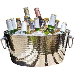 Hammered Stainless-Steel Beverage Tub, Double-Walled Insulated Anchored Drink Tub & Ice Bucket with Double Hinged Handles, Drink Chiller for Parties, 12 Quarts