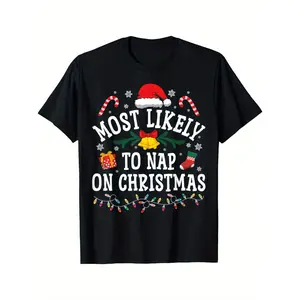 Funny Christmas Most Likely to Nap T-Shirt - 180gsm Heavyweight Black with White Funny Saying & Festive Sleep Design - Soft Durable Fabric with Playful Snowflakes, Candy Canes & Gingerbread Men Print - All-Season Comfort Fit Round Neck Holiday Party