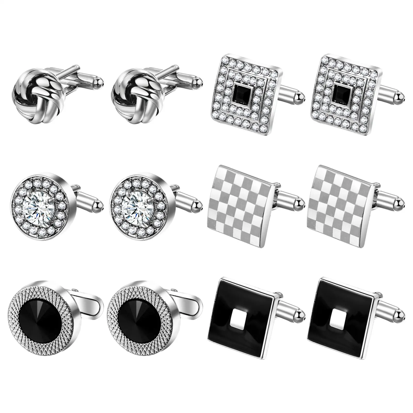 OIDEA Men's Geometric Cufflinks Set - 6-Pair Zinc Alloy with T-Bar Clasp, Elegant Square Rope-Twist & Round Gem Styles, Personalized Accessory for Business, Wedding, Birthday, Graduation, Father’s Day, Anniversary, Male, Versatile