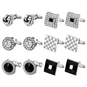 6‑Pair Cufflinks for Men: Square Rope‑Twist Round Gem Styles Zine Alloy Personalized Formal Accessories for Business Wedding Anniversary Party