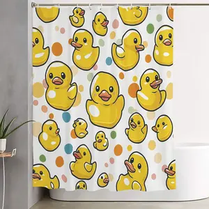 1/4pcs Yellow Rubber Duck Bathroom Curtain Set, Shower Curtain Sets - Shower Curtain, Bath Mat, Toilet Lid Cover, and Brush Holder (Dots Pattern), Cheerful Spring/Summer Decor for Kids - Ideal Easter/St Patrick's Day/Garden Party Bathroom Accessory