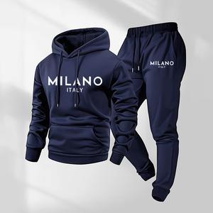 Men's Milano Printed Hoodie and Drawstring Sweatpants Set, Menswear, Casual Athletic Long Sleeve Hooded Jacket & Trousers for Fall & Winter, Men's Clothing for Daily Wear, Sportswear Indoor Outdoor, Tracksuit, Athleisure Summer Clothes