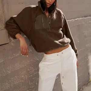 Women’s Lightweight Fleece Pullover Jacket Cropped Fall Winter Fuzzy Sherpa Jacket Sweatshirt Coat with Pockets