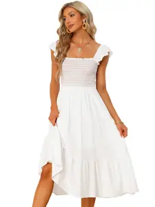 INSPIRE CHIC Boho Midi Dress Square Neck Ruffle Tiered Flowy Smocked Sundress