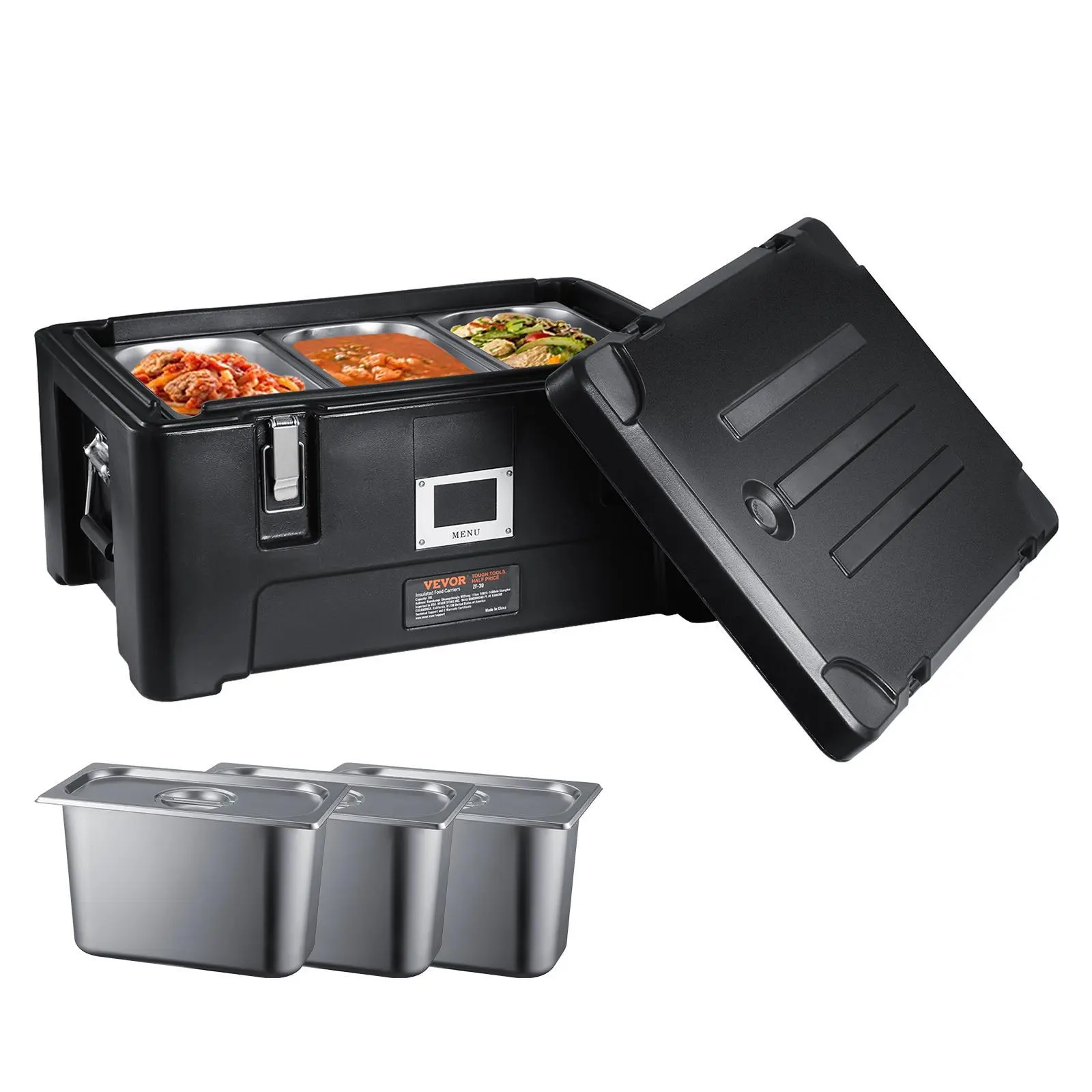 【Backtoschool】VEVOR 2-Layer Thermal Insulated Food Pan Carrier Lunch Box, 36Qt (2000ml+) Capacity, Stackable Catering Hot Box with 3 Stainless Steel Pans, Top-Load LLDPE Food Warmer for Delivery, Restaurant Use, Black with Elastic Side Handles & Buckles,
