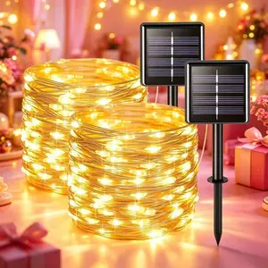 Waterproof Solar String Lights 2-Pack | 39FT 100 LEDs Each, 8 Modes Flexible Copper Wire Fairy Lights for Yard, Patio, Tree and Garden Decor
