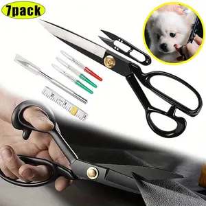 Pack Of 7 Tailor Scissors Fabric Scissor Kit, 10" Heavy Duty Sewing Scissors for Leather Clothes, Pet Grooming Trimming Kit with Thread Remover Ruler Pen