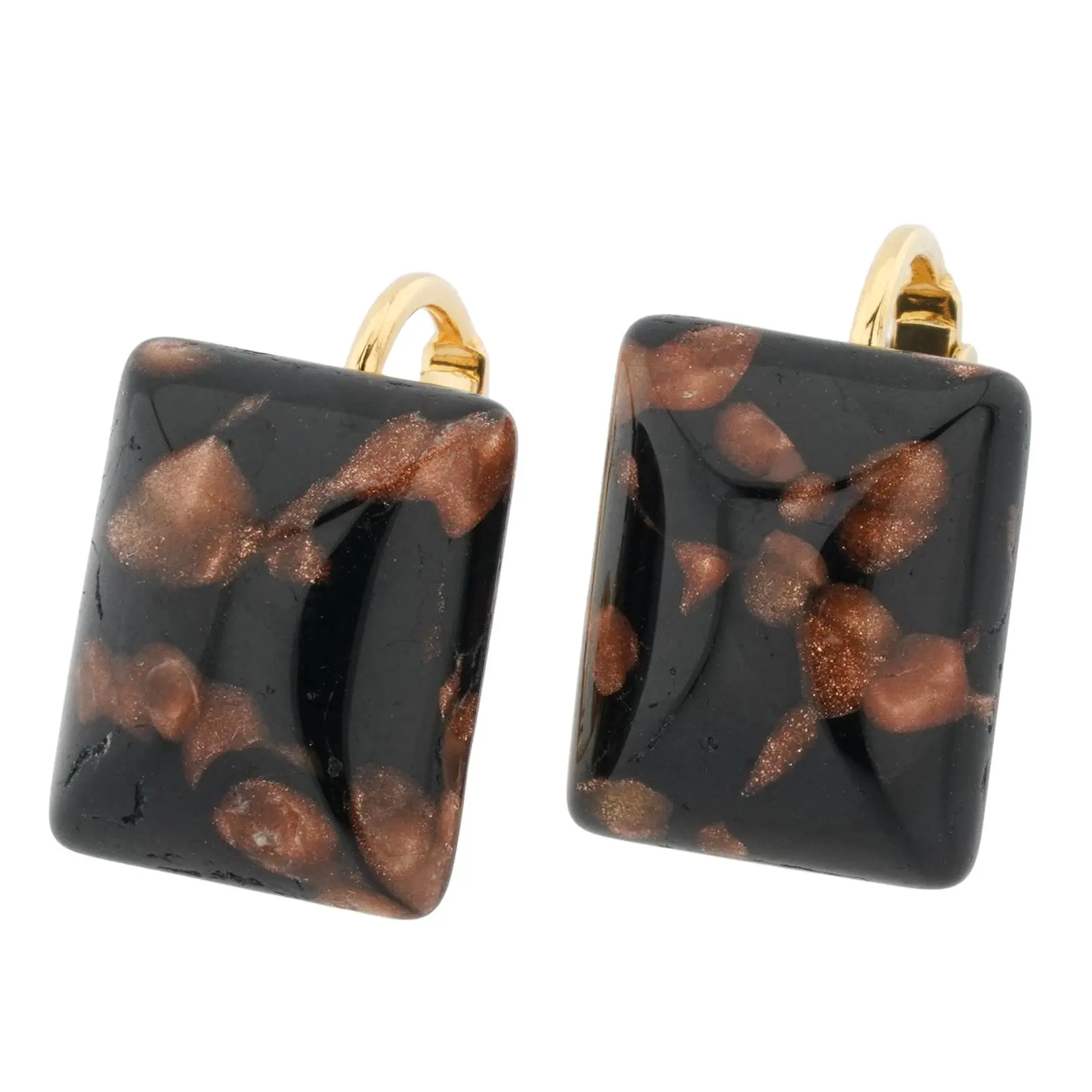 Elegant Female Glass Of Venice Murano Glass Sparkles Rectangular Cabochon Clip Earrings - Black