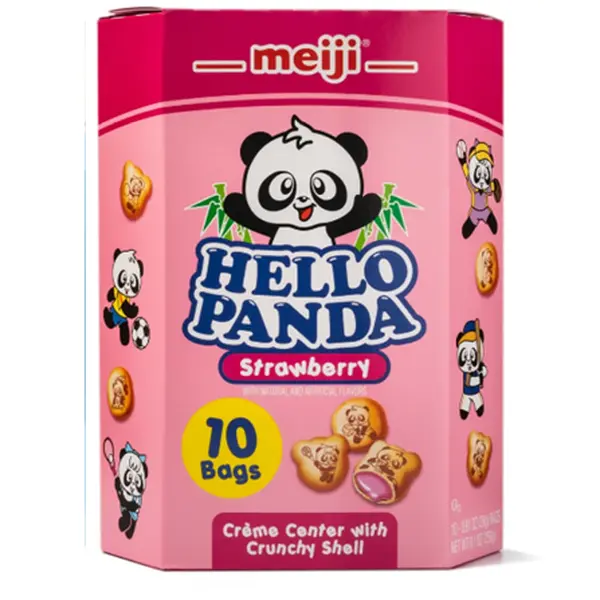 Meiji Hello Panda Crunchy Strawberry-Cream Filled Biscuit Snacks, 9.1oz - Wheat Flour-Based Treat with Crunchy Shell, Cute Panda Design, Cupboard-Storable for All Ages