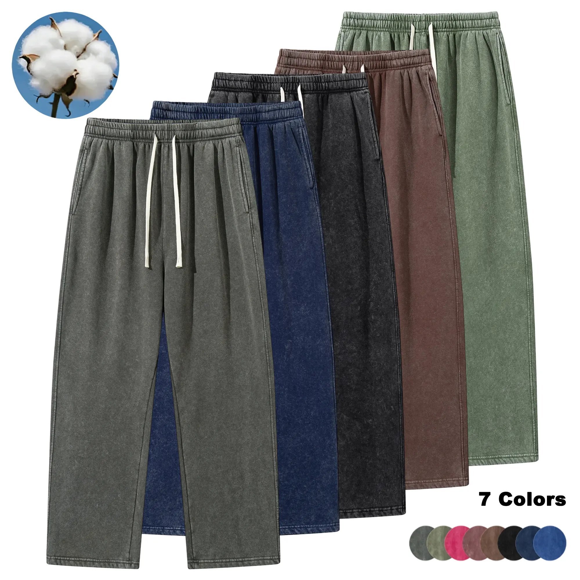 Spring/Autumn Casual Wide-Leg Sweatpants, Vintage Washed Cotton, Loose Slouchy Fit, Drawstring Waist, Straight-Leg Design