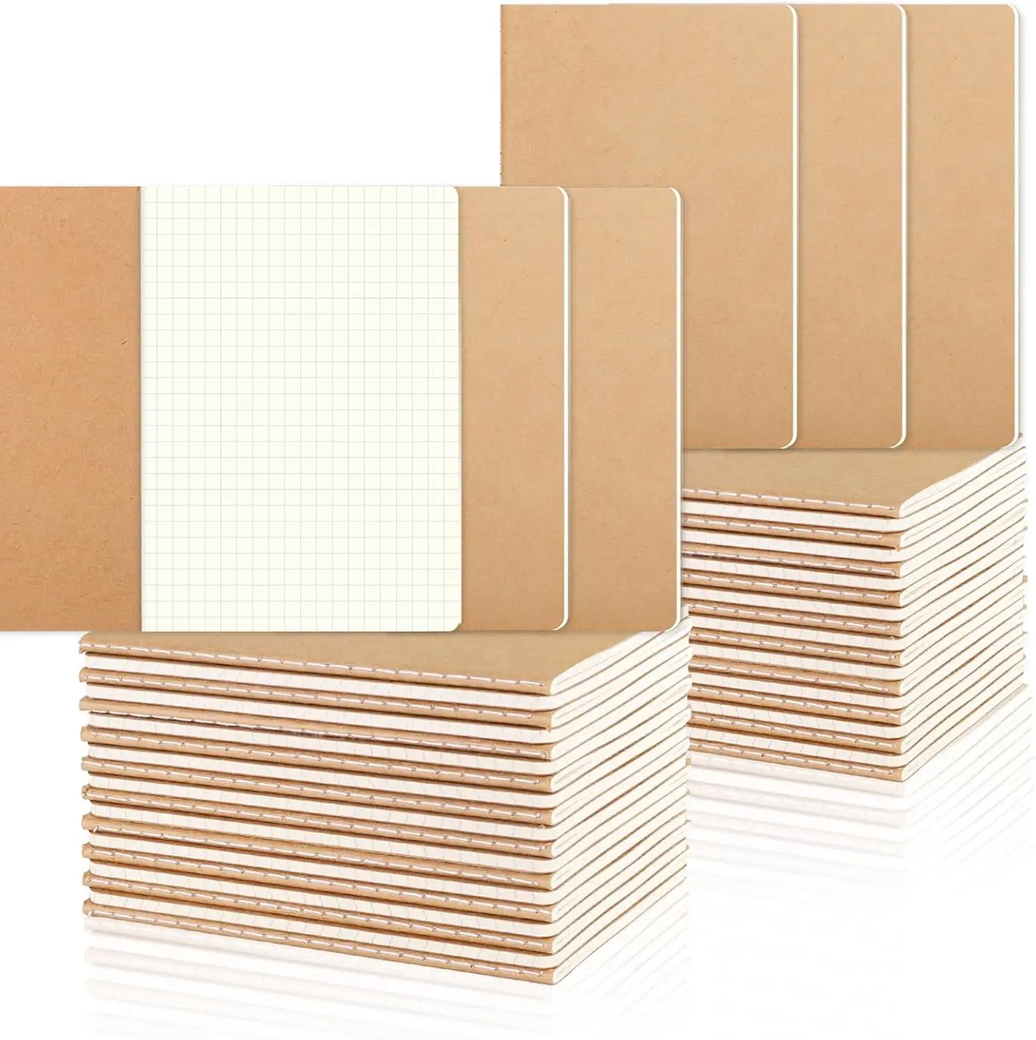 Bulk Pack 48 A6 Small Size Kraft Paper Graph Notebooks, 5mm Square Grid Journals with Kraft Cover, 30 Sheets/60 Pages for Math-Engineering Use